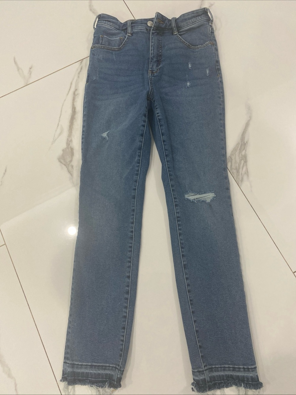 Pilcro Skinny Jeans in Medium Blue with Distressed Hem